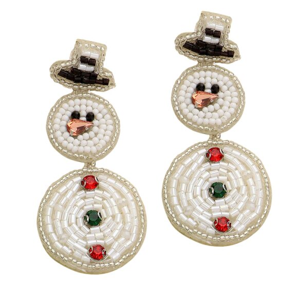 Crystal & Beaded Dangle Snowman Seed Bead Statement Christmas Earrings - Picture 7 of 7